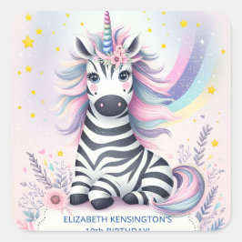 Kinderzebra Unicorn Rainbow Geburtstagsparty Quadratischer Aufkleber