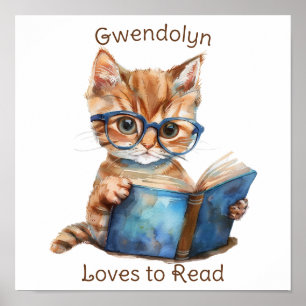 Kinderzimmer Art Poster Cat Reading a Book Persona