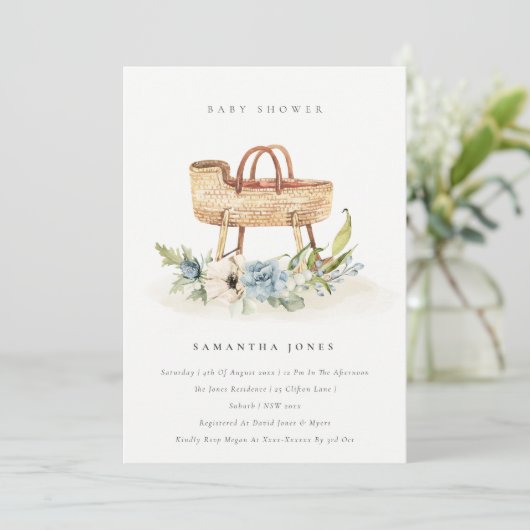 Kinderzimmer Blue Floral Bassinet Baby Dusche einl Dankeskarte (Stehend Vorderseite)