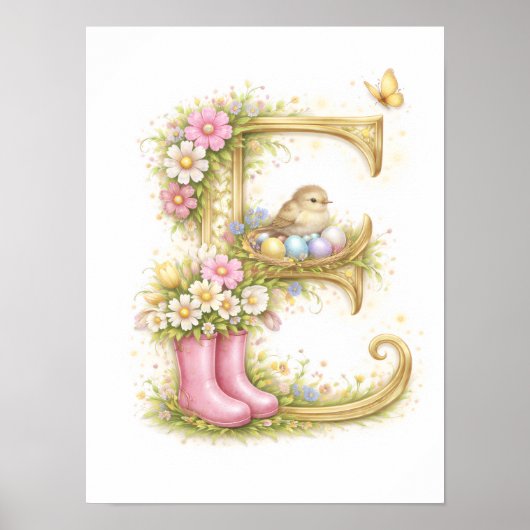 Kinderzimmer Buchstabe E Baby Vogel Initiale Gold  Poster (Vorne)