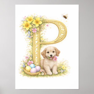 Kinderzimmer Buchstabe P Baby Welpe Initiale Gold  Poster