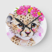 Kinderzimmer Clock Baby Geetah mit rosa Blume Kron Runde Wanduhr (Vorderseite)