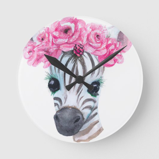 Kinderzimmer Clock Zebra mit rosa Blume Crown Runde Wanduhr (Vorderseite)