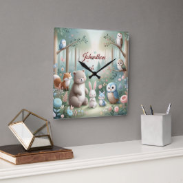 Kinderzimmer Deco, Forest Niedlicher Tiere - Indiv Quadratische Wanduhr