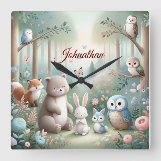 Kinderzimmer Deco, Forest Niedlicher Tiere - Indiv Quadratische Wanduhr (Vorderseite)
