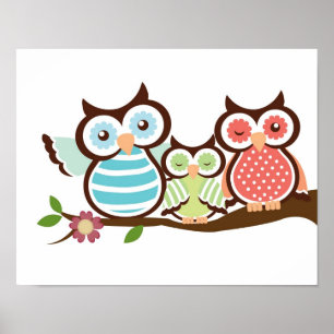 Kinderzimmer Eule Art Poster Baby mit Mama Papa
