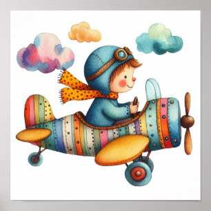 Kinderzimmer im Aquarellstil Art Child Flying Airp Poster
