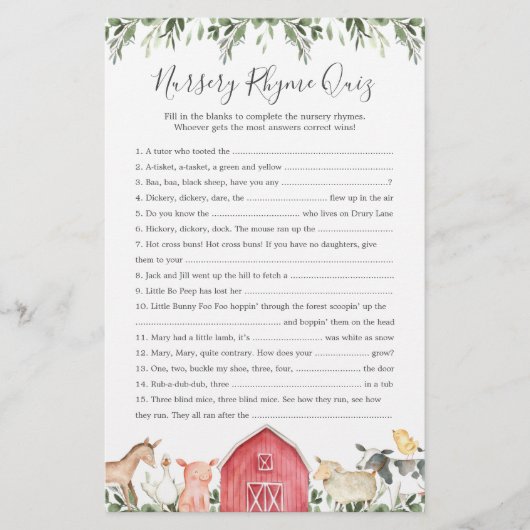 Kinderzimmer "Landtiere Babydusche" Rhyme Quiz Gam (Vorderseite)