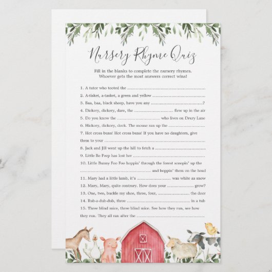 Kinderzimmer "Landtiere Babydusche" Rhyme Quiz Gam (Vorne/Hinten)