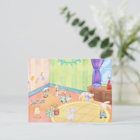 Kinderzimmer mit Spielzeug Postkarte (Stehend Vorderseite)