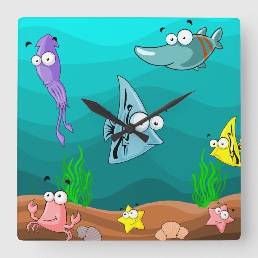 Kinderzimmer oder Kinderzimmer Cartoon Sea Life Quadratische Wanduhr (Vorderseite)