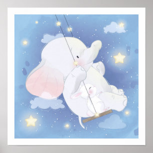 KINDERZIMMER POSTER : BABY ELEPHANT + BUNNY