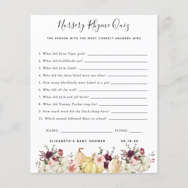 Kinderzimmer Rhyme Quiz | Baby Showspiel (Vorderseite)