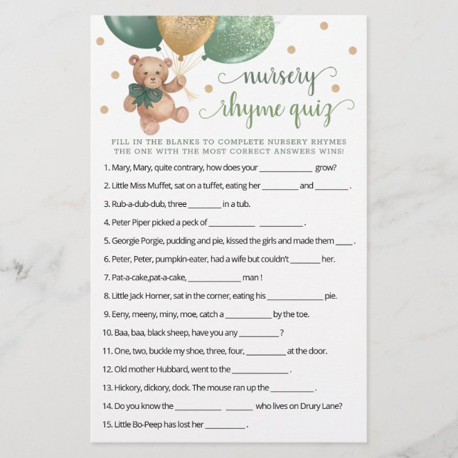 Kinderzimmer Rhyme Quiz Game Baby Dusche Teddy Bär (Vorderseite)