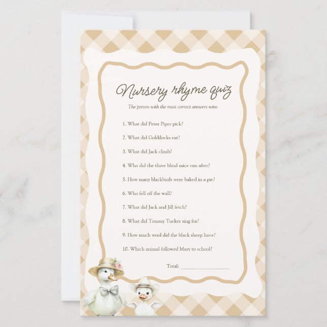 Kinderzimmer Rhyme Quiz Goose Theme Baby Showspiel (Vorderseite)