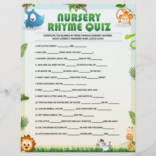 Kinderzimmer Rhyme Quiz [Tierthema] Briefbogen (Vorderseite)