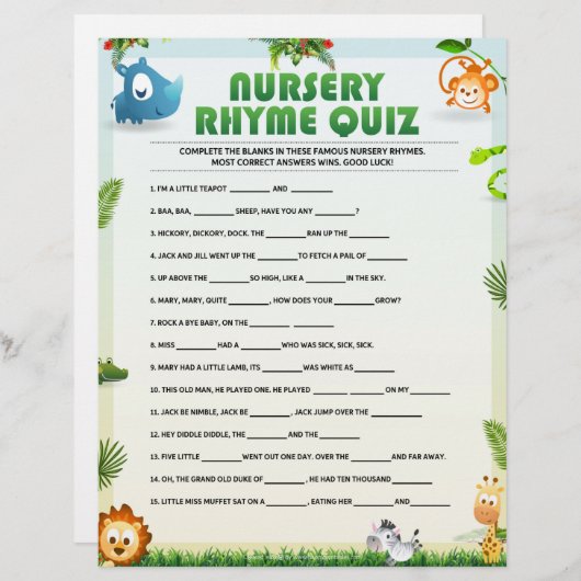 Kinderzimmer Rhyme Quiz [Tierthema] Briefbogen (Vorne/Hinten)