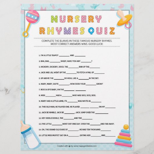 Kinderzimmer Rhymes Quiz [Baby Basics Blue] Briefbogen (Vorderseite)