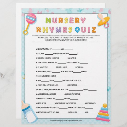 Kinderzimmer Rhymes Quiz [Baby Basics Blue] Briefbogen (Vorne/Hinten)