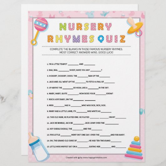 Kinderzimmer Rhymes Quiz [Baby Basics Pink] Briefbogen (Vorne/Hinten)