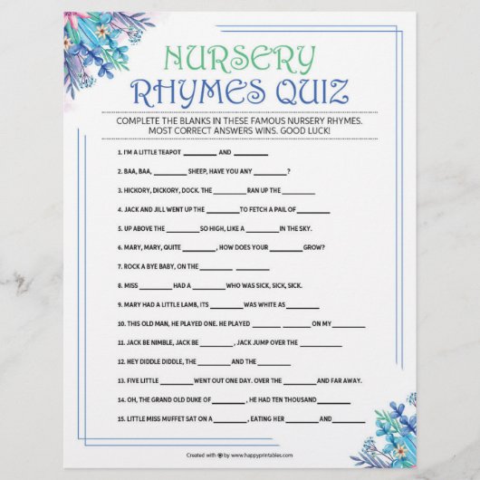 Kinderzimmer Rhymes Quiz [Blauflora] Briefbogen (Vorderseite)