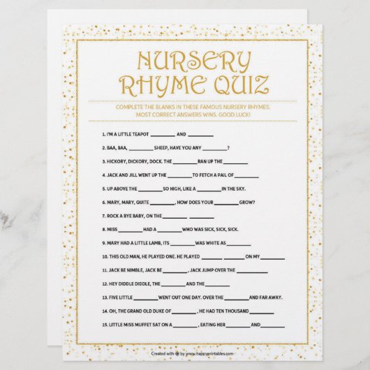 Kinderzimmer Rhymes Quiz [Goldene Glitzern] Briefbogen (Vorne/Hinten)