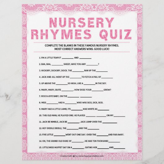 Kinderzimmer Rhymes Quiz [Luxusspitze [Pink] Briefbogen (Vorderseite)