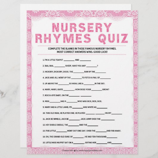Kinderzimmer Rhymes Quiz [Luxusspitze [Pink] Briefbogen (Vorne/Hinten)