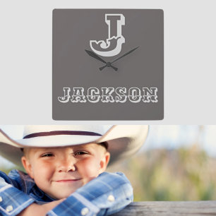 Kinderzimmer-Uhr für den Rustikalen Monogramm-Boy Quadratische Wanduhr