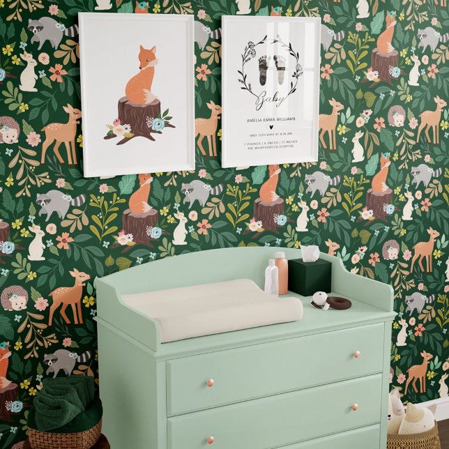 Kinderzimmer Waldtiere Blätter & Florals Tapete (Nursery Woodland Forest Animals Foliage & Florals Wallpaper)
