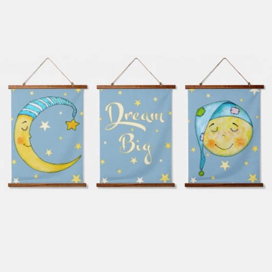 Kinderzimmer Wall Art Moon Stars Gelbe blaue Tapes Wandteppich Mit Holzrahmen (Dreifach)