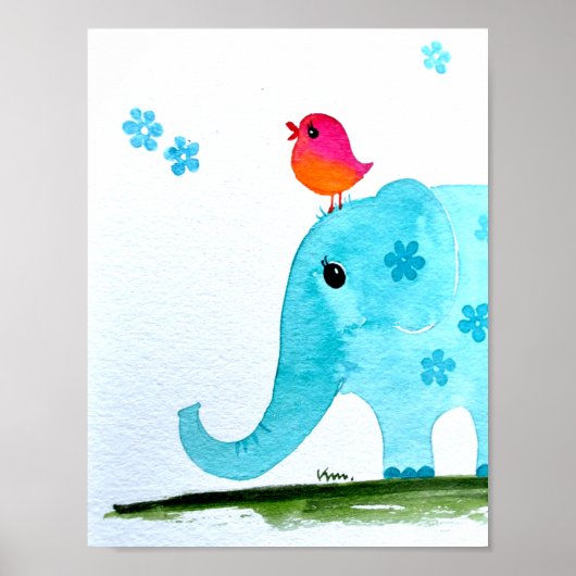 Kinderzimmer wallart_ Aquarell Elefant und rosa Vo Poster (Vorne)
