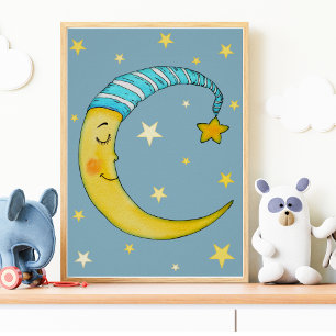 Kinderzimmer-Wandkunst Mond Sterne Gelb Blau Poste Poster