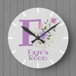 Kinderzimmeruhr mit Namen Faye & Initialen Runde Wanduhr