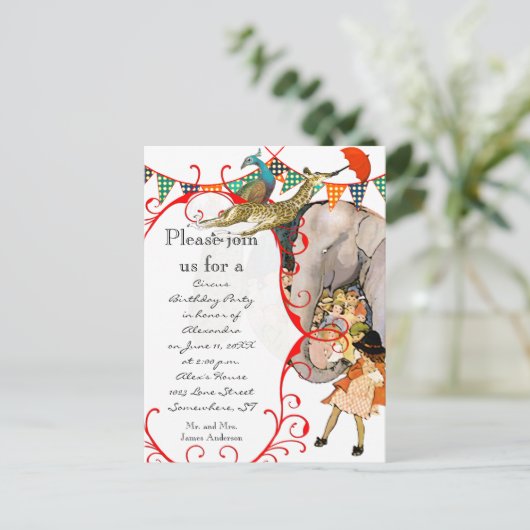 Kinderzirkus Elephant Peacock Giraffe-Party Einladungspostkarte (Stehend Vorderseite)
