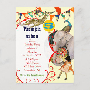 Kinderzirkus Elephant Peacock Giraffe-Party Einladungspostkarte