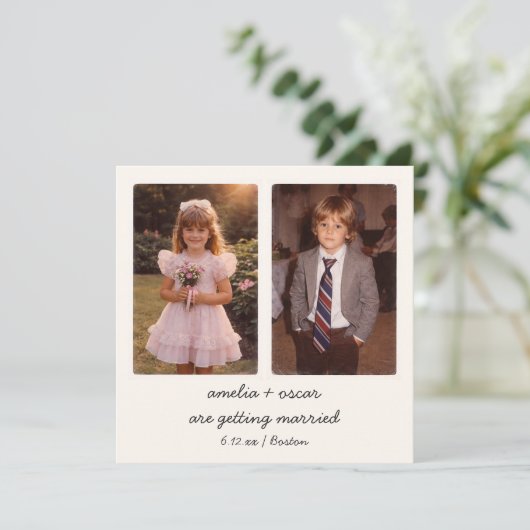 Kindheitsfoto QR-Code Save-the-Date Vintage Einladung (Stehend Vorderseite)