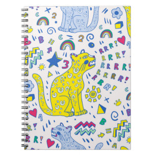 kindliches Muster mit Tiger, Briefen, Regenbogen, Notizblock