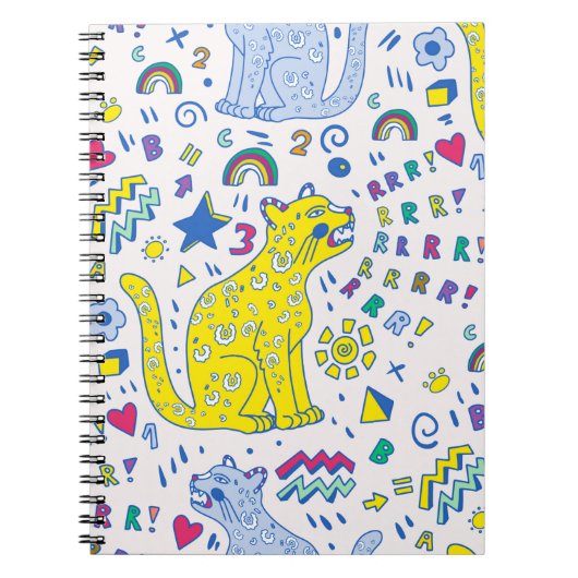 kindliches Muster mit Tiger, Briefen, Regenbogen, Notizblock (Vorderseite)
