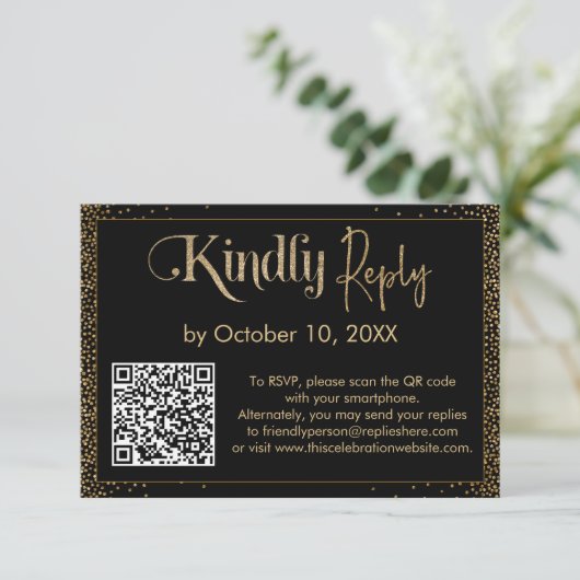 Kindly Antwort Festive Confetti QR Code auf schwar (Stehend Vorderseite)