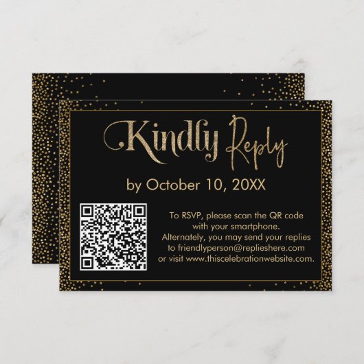 Kindly Antwort Festive Confetti QR Code auf schwar (Vorne/Hinten)