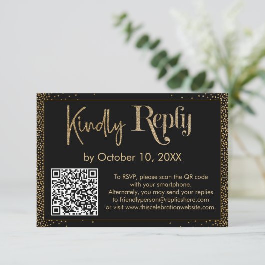 Kindly Antwort Festive Confetti QR Code auf schwar (Stehend Vorderseite)