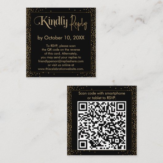 Kindly Antwort Festive Confetti QR Code auf schwar Begleitkarte (Vorne/Hinten)