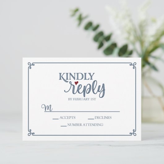 Kindly Reply - Dusty Blue & Red - RSVP Card (Stehend Vorderseite)