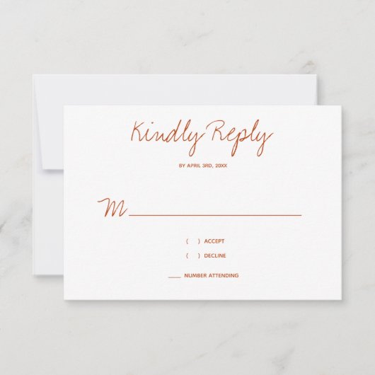 Kindly Reply Typografie Burnt Orange Wedding RSVP Karte (Vorderseite)