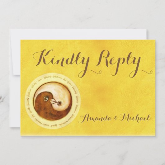 KINDLY REPLY WEDDING CARD Gold YinYang doves Harmo Einladung (Vorderseite)