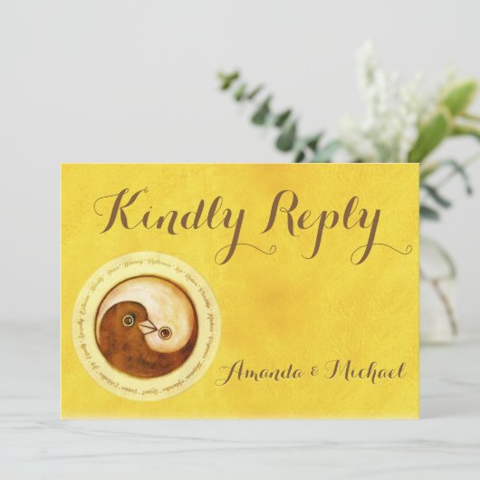 KINDLY REPLY WEDDING CARD Gold YinYang doves Harmo Einladung (Stehend Vorderseite)