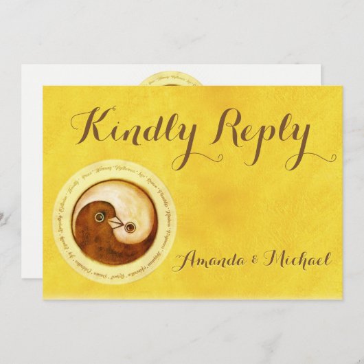 KINDLY REPLY WEDDING CARD Gold YinYang doves Harmo Einladung (Vorne/Hinten)