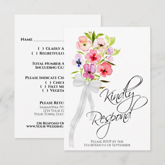 Kindly Respond Pansy Wildblumen Bouquet Wedding RSVP Karte (Vorne/Hinten)