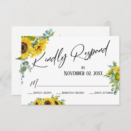 Kindly Respond Watercolor Sonnenblumen & Eukalyptu RSVP Karte (Vorne/Hinten)